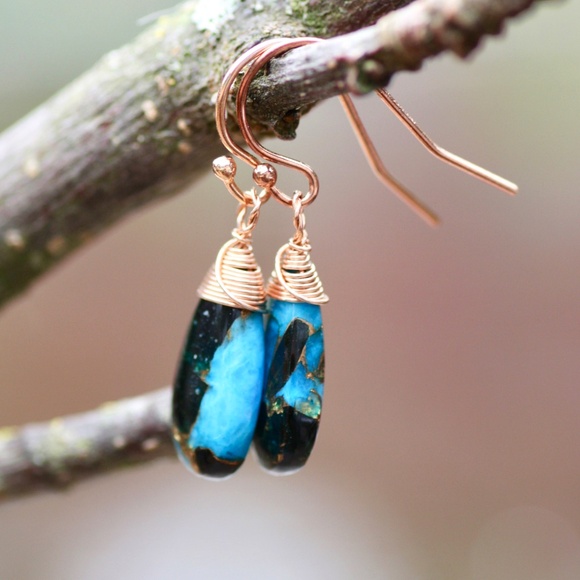 Natural Obsidian Copper Turquoise Earrings Handmade 14k Rose Gold Filled - Picture 6 of 12